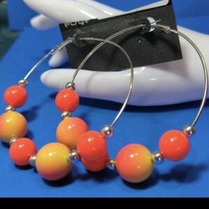 Elegant Large Hoop Earrings Orange/Yellow Beaded  3" New